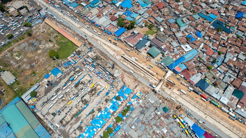 High angle view of buildings in city