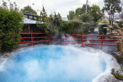 Hot springs in kamado jigoku taken during snow. famous jigoku tours in beppu, japan.