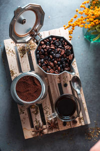 High angle view of coffee beans on table