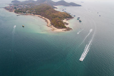 High angle view of ship on sea shore