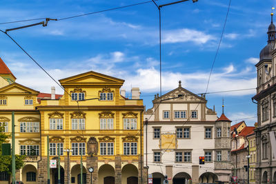 Historical houses on malostranska square in prague, czech republic