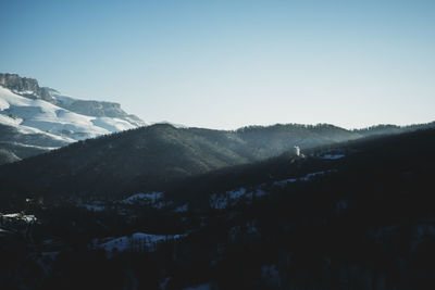 Scenic view of snowcapped mountains against clear sky