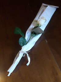 High angle view of white flower on table