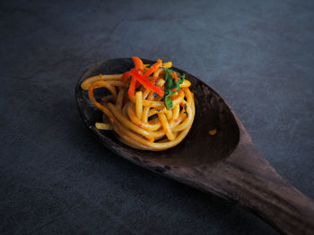 High angle view of spaghetti on table