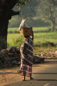 Rear view of child standing on field