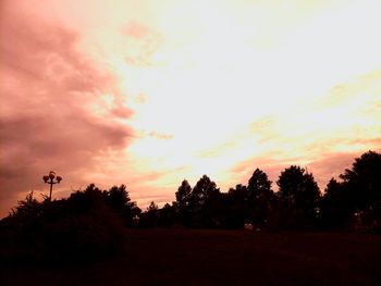 Silhouette trees on field against sky during sunset