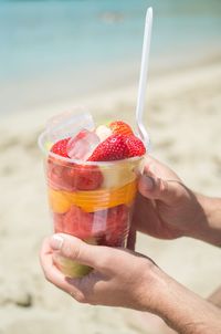 Cropped image of hands holding fruits at beach