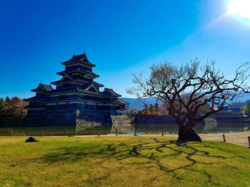 Built structure on field against clear blue sky