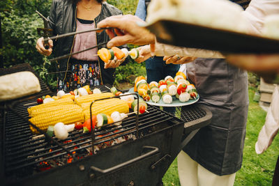 Midsection of female friends barbecuing dinner at back yard