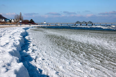 Snow covered land by sea against sky