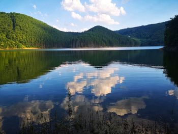 Scenic view of lake and mountains against sky