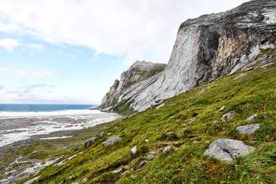 Beautiful mountains at bunes beach on lofoten islands in norway