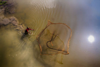 High angle view of man in lake