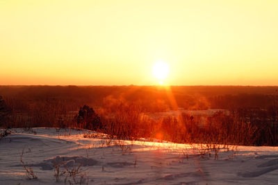 Scenic view of landscape against clear sky during sunset