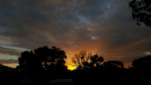 Silhouette of trees against cloudy sky