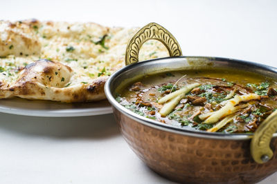 Close-up of soup in bowl on table