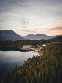 Scenic view of lake against sky during sunset