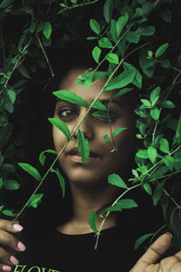 Portrait of woman with green leaves