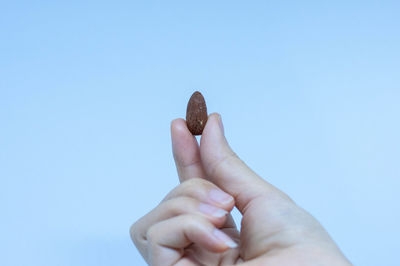 Close-up of person hand against clear sky