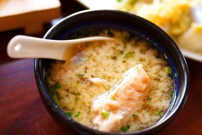 Close-up of miso soup in bowl on table