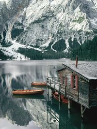 Scenic view of snowcapped mountains and lake during winter