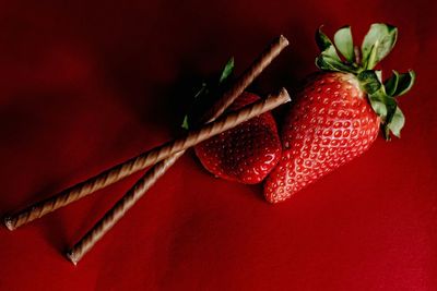 High angle view of strawberries on table