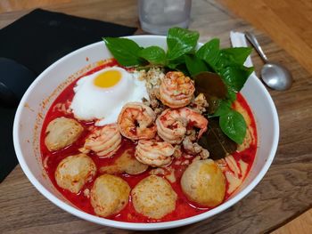 High angle view of food in bowl on table