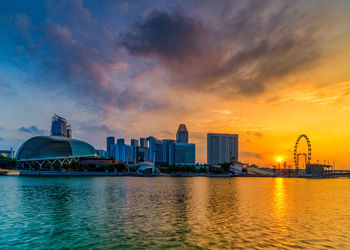 City at waterfront during sunset