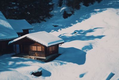 High angle view of snow covered land