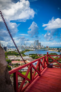 View of cityscape against cloudy sky