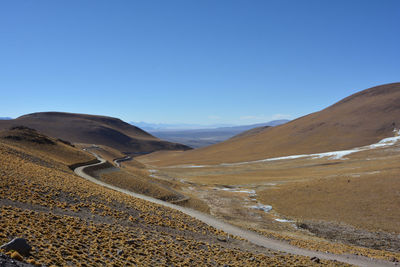 Scenic view of arid landscape against clear blue sky
