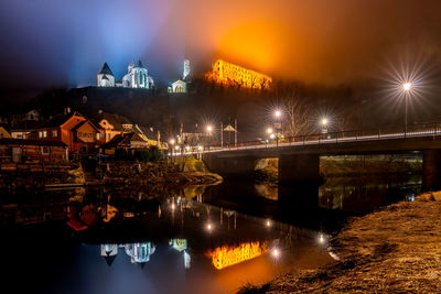 Illuminated bridge over river in city at night