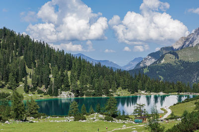 Panoramic view of seebensee lake and trees against sky