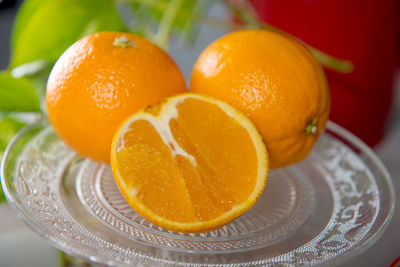 High angle view of orange slices in plate on table