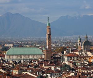 Vicenza city in northen italy and the famous monument called basilica palladiana and the bell tower 