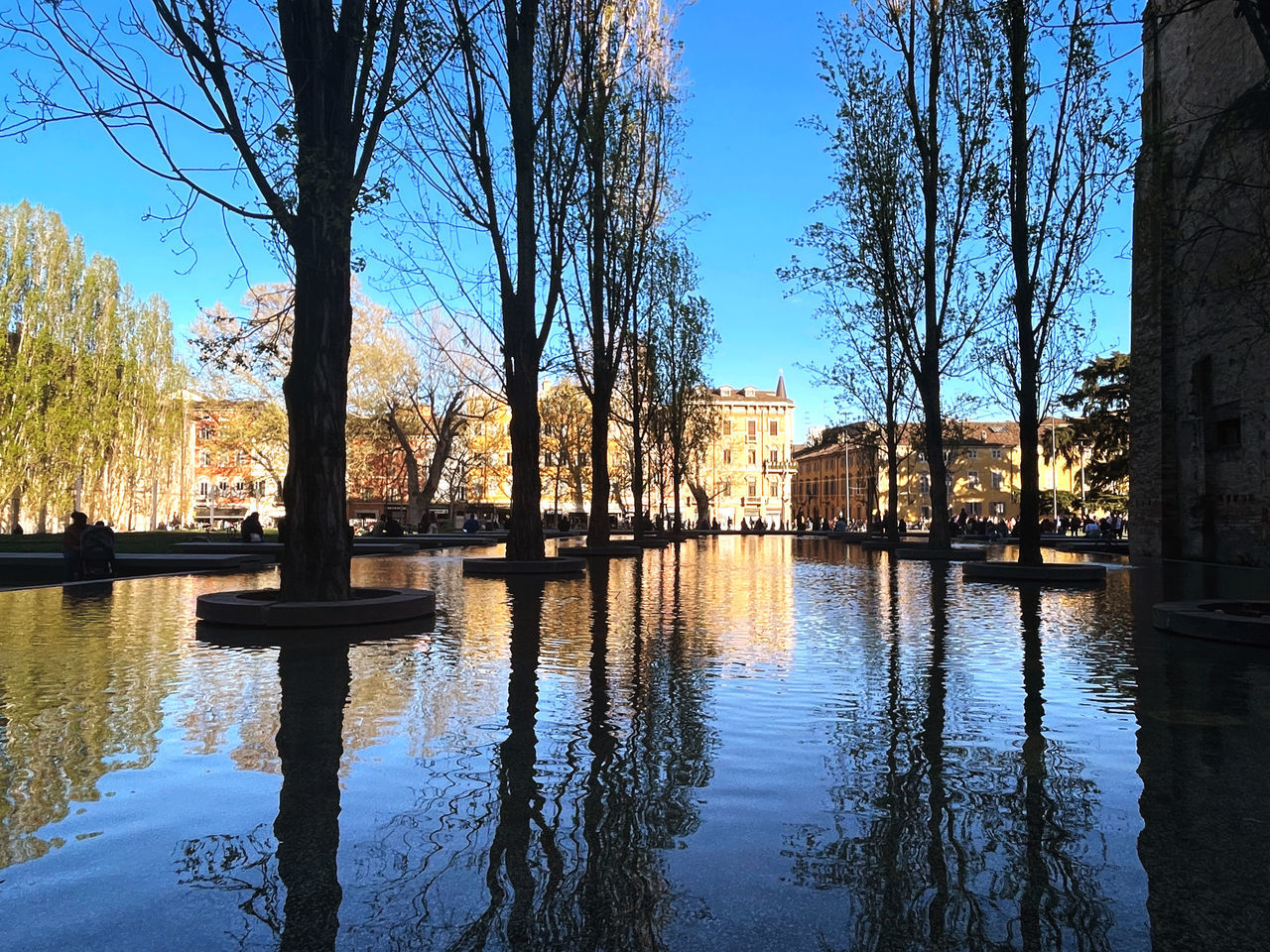 reflection, water, tree, plant, sky, nature, architecture, river, built structure, evening, autumn, no people, tranquility, building exterior, beauty in nature, waterway, blue, winter, outdoors, travel destinations, waterfront, bare tree, day, city, scenics - nature, tranquil scene, building, clear sky, tree trunk, trunk