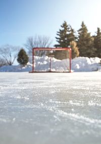 Surface level of snow on field against trees