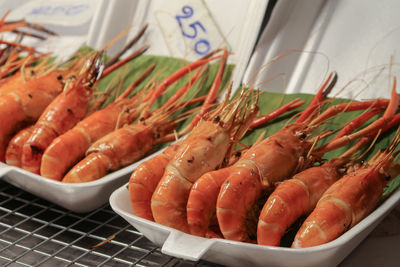 Close-up of seafood on barbecue grill