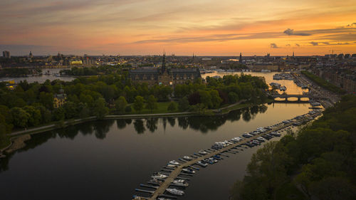 Aerial view over royal park and canal in stockholm