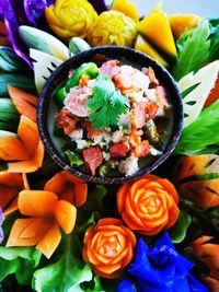 High angle view of various flowers in bowl