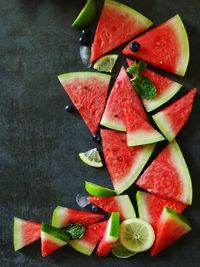 High angle view of chopped fruits on table