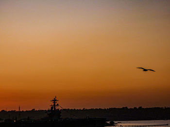 Silhouette of birds flying against orange sky