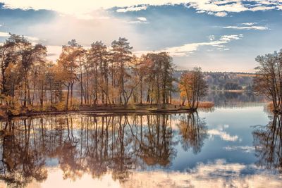 Reflection of trees in lake against sky