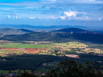 Scenic view of field and mountains against sky