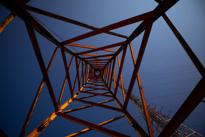 Low angle view of electricity pylon against clear blue sky