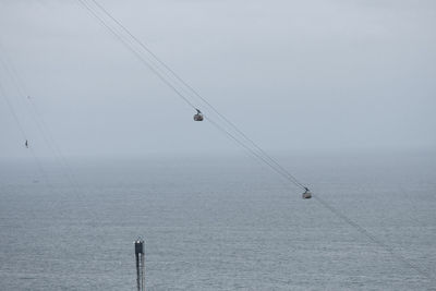 Low angle view of ski lift over sea against clear sky