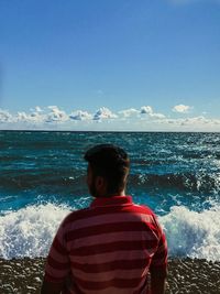 Rear view of man looking at sea against sky