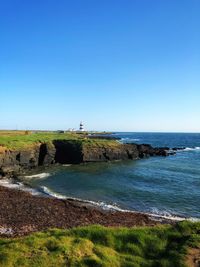 Scenic view of sea against clear blue sky