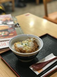 High angle view of food in bowl on table