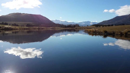 Scenic view of lake and mountains against sky